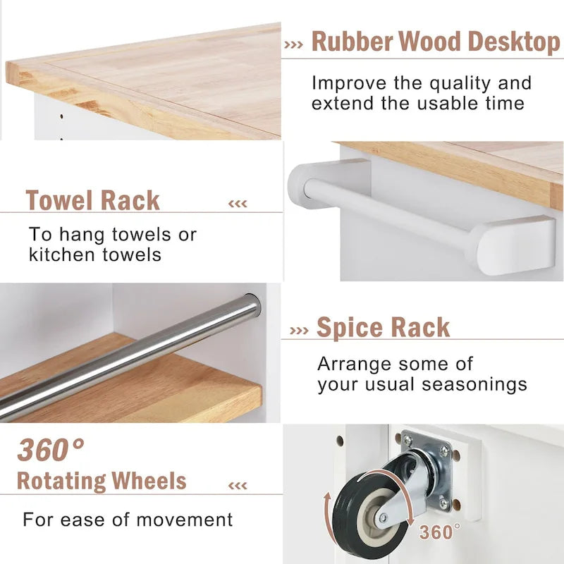 Wood Rolling Kitchen Island with 2 Drawers and 3 Open Compartments