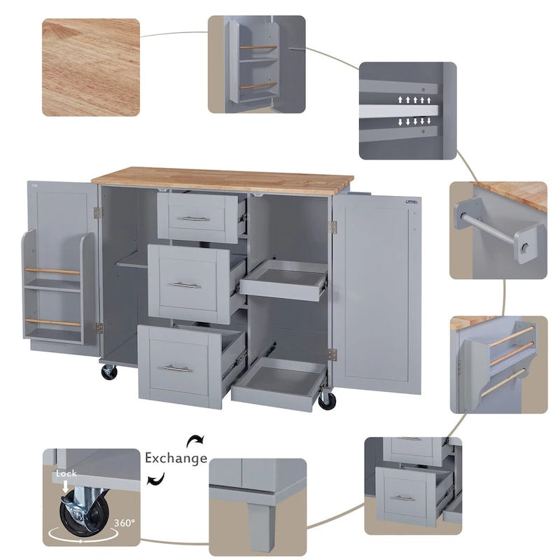 50 in. W Kitchen Island with 3 Drawer, 2 Slide-Out Shelf and Internal Storage Rack