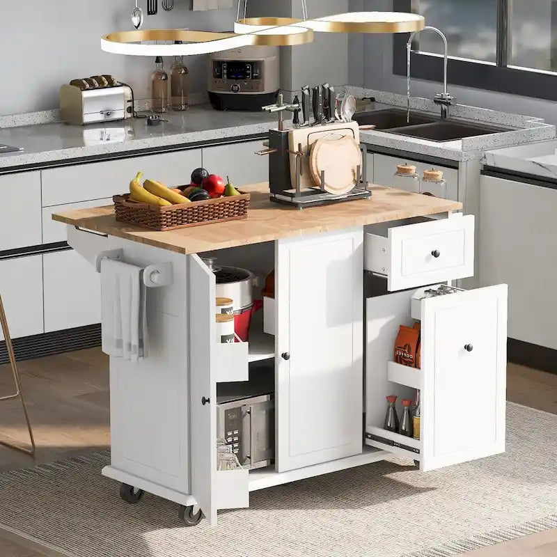 Kitchen Island with Drop Leaf, Rolling Cart on Wheels with Storage Rack and 3 Tier Pull Out Cabinet Organizer with Spice Rack