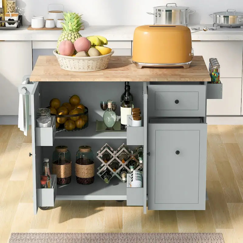 Kitchen Island with Drop Leaf, Rolling Cart on Wheels with Storage Rack and 3 Tier Pull Out Cabinet Organizer with Spice Rack