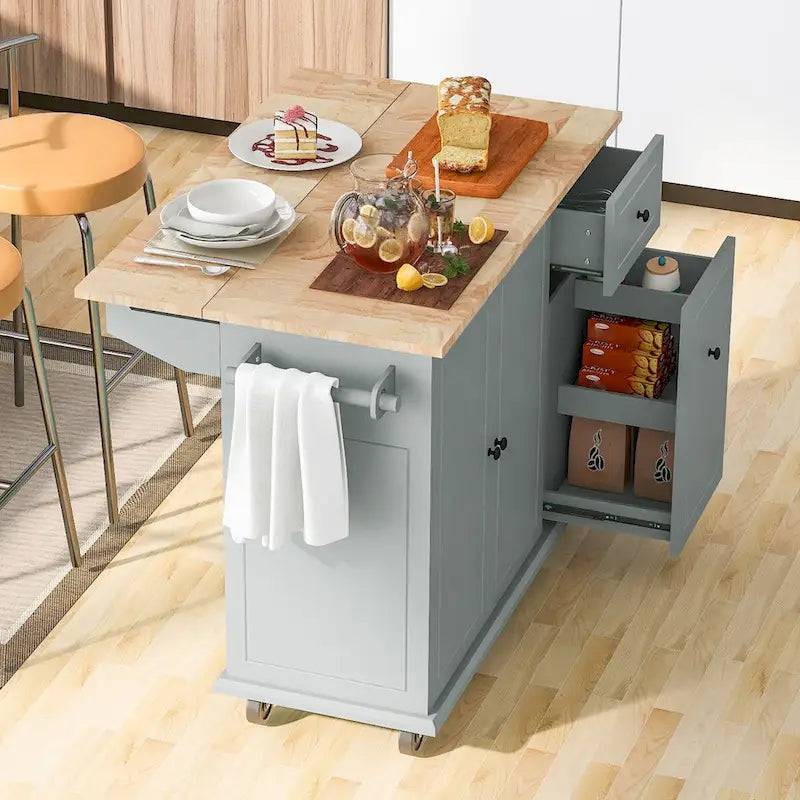 Kitchen Island with Drop Leaf, Rolling Cart on Wheels with Storage Rack and 3 Tier Pull Out Cabinet Organizer with Spice Rack