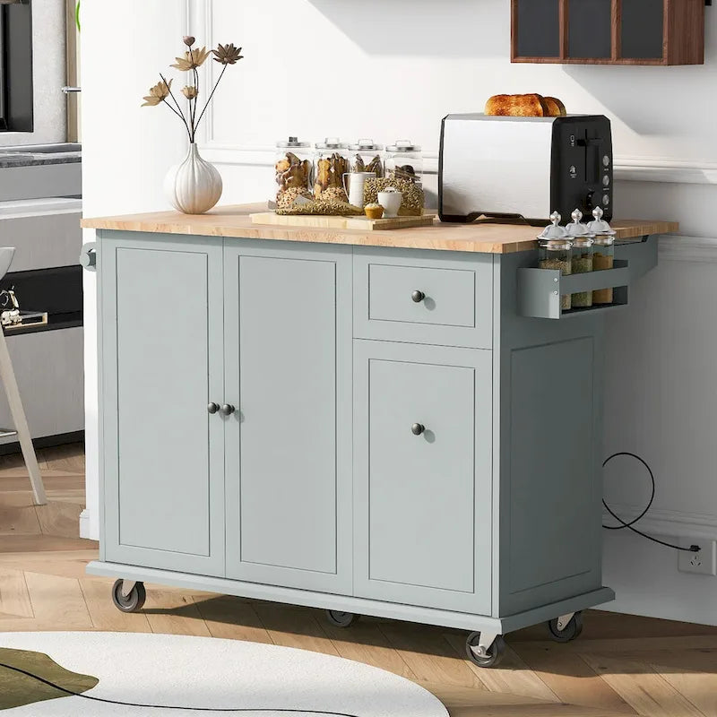 Kitchen Island with Drop Leaf, Rolling Cart on Wheels with Storage Rack and 3 Tier Pull Out Cabinet Organizer with Spice Rack