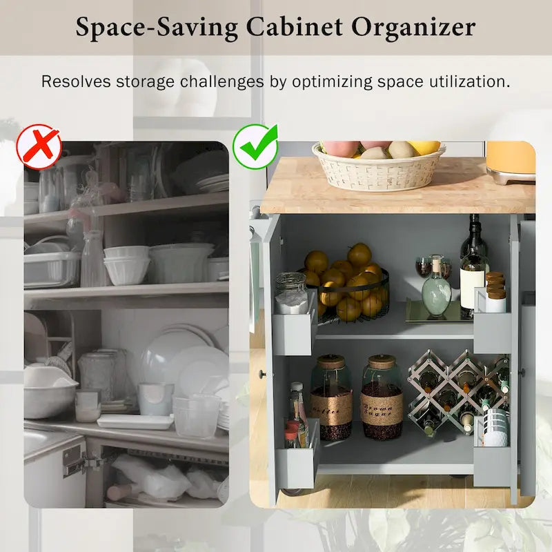 Kitchen Island with Drop Leaf, Rolling Cart on Wheels with Storage Rack and 3 Tier Pull Out Cabinet Organizer with Spice Rack