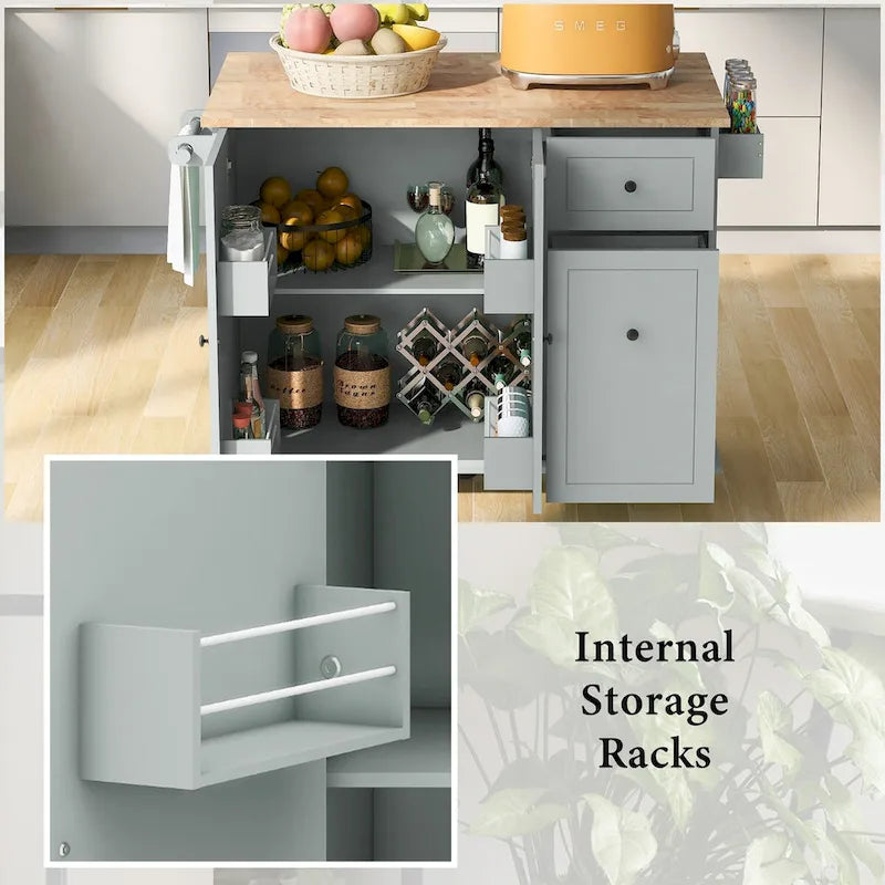 Kitchen Island with Drop Leaf, Rolling Cart on Wheels with Storage Rack and 3 Tier Pull Out Cabinet Organizer with Spice Rack