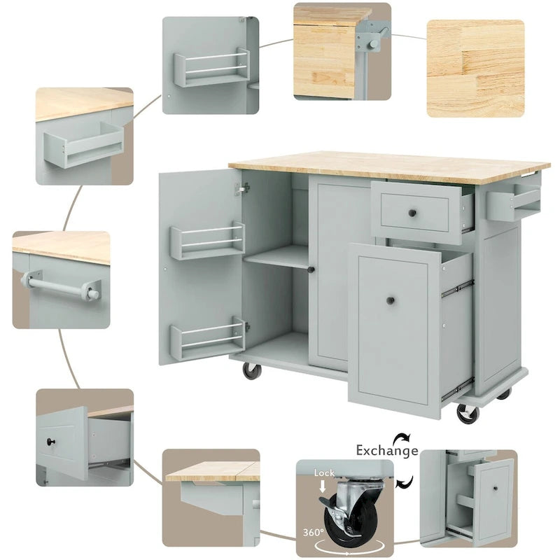 Kitchen Island with Drop Leaf, Rolling Cart on Wheels with Storage Rack and 3 Tier Pull Out Cabinet Organizer with Spice Rack