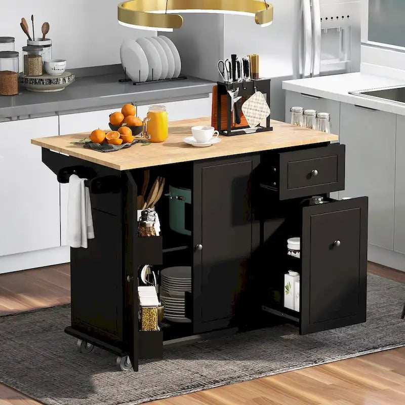 Kitchen Island with Drop Leaf, Rolling Cart on Wheels with Storage Rack and 3 Tier Pull Out Cabinet Organizer with Spice Rack