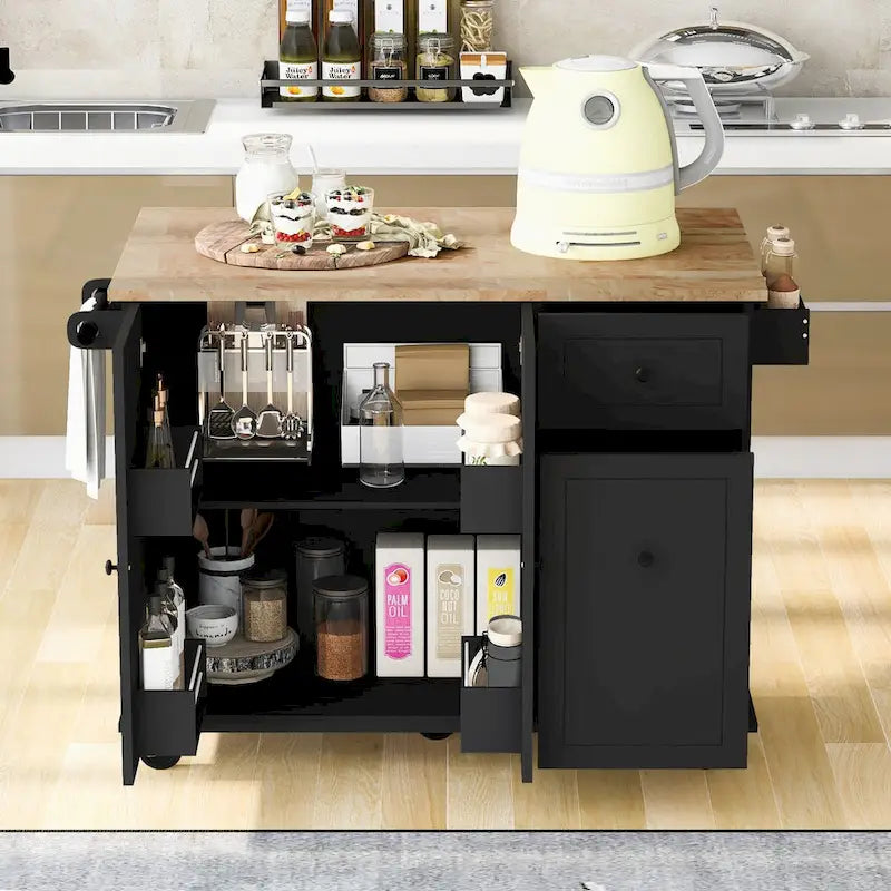 Kitchen Island with Drop Leaf, Rolling Cart on Wheels with Storage Rack and 3 Tier Pull Out Cabinet Organizer with Spice Rack