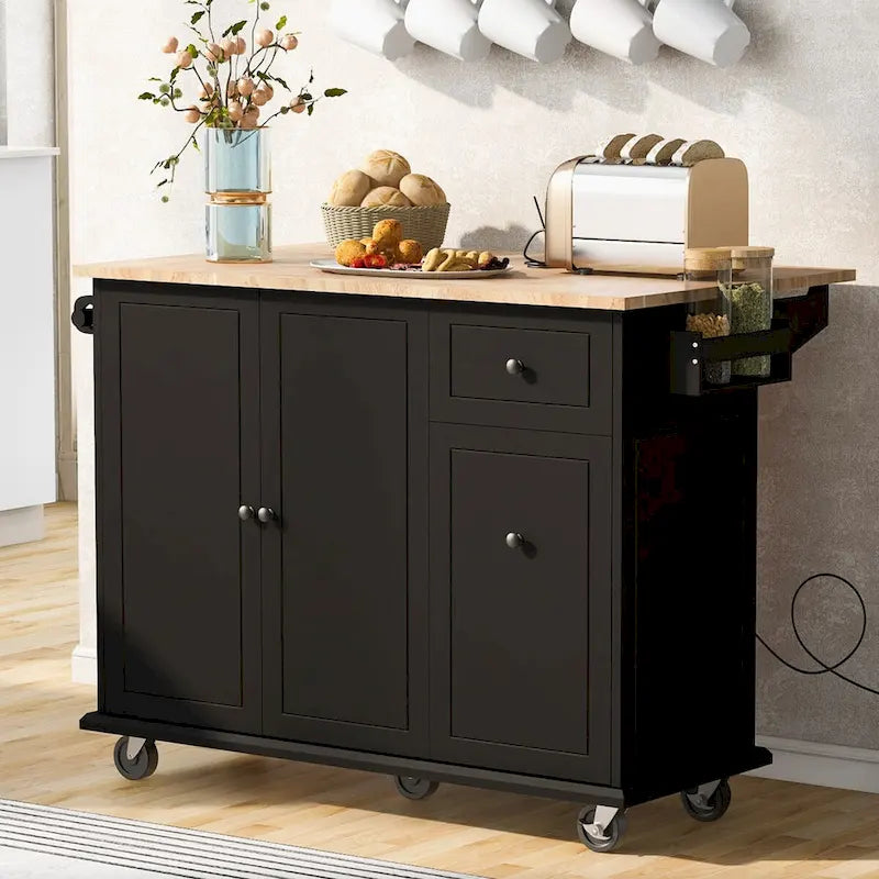 Kitchen Island with Drop Leaf, Rolling Cart on Wheels with Storage Rack and 3 Tier Pull Out Cabinet Organizer with Spice Rack