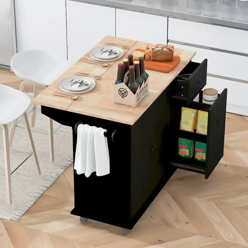 Kitchen Island with Drop Leaf, Rolling Cart on Wheels with Storage Rack and 3 Tier Pull Out Cabinet Organizer with Spice Rack