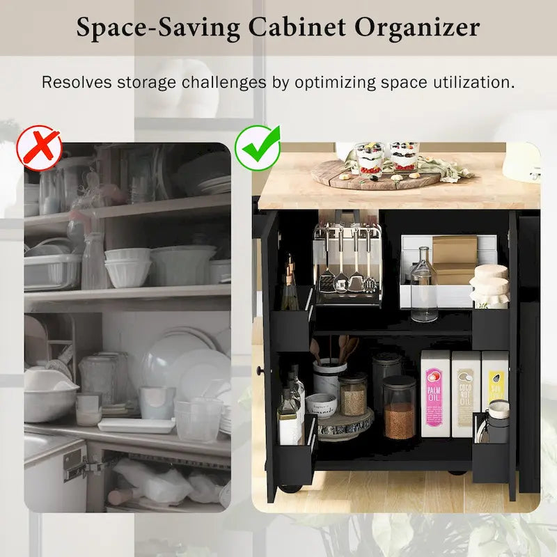 Kitchen Island with Drop Leaf, Rolling Cart on Wheels with Storage Rack and 3 Tier Pull Out Cabinet Organizer with Spice Rack