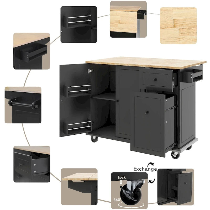 Kitchen Island with Drop Leaf, Rolling Cart on Wheels with Storage Rack and 3 Tier Pull Out Cabinet Organizer with Spice Rack