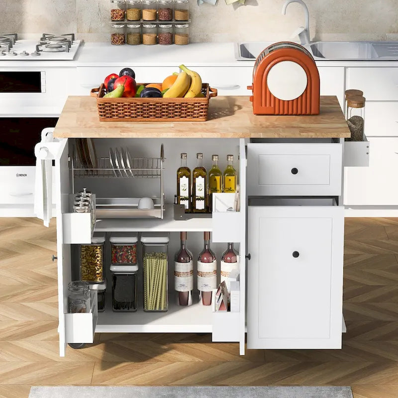 Kitchen Island with Drop Leaf, Rolling Cart on Wheels with Storage Rack and 3 Tier Pull Out Cabinet Organizer with Spice Rack