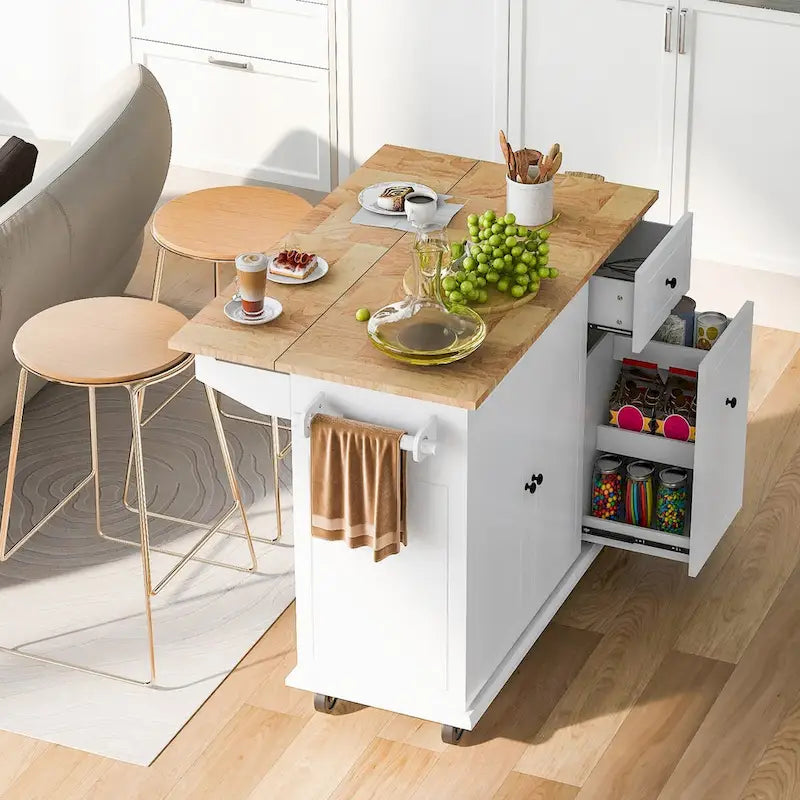Kitchen Island with Drop Leaf, Rolling Cart on Wheels with Storage Rack and 3 Tier Pull Out Cabinet Organizer with Spice Rack