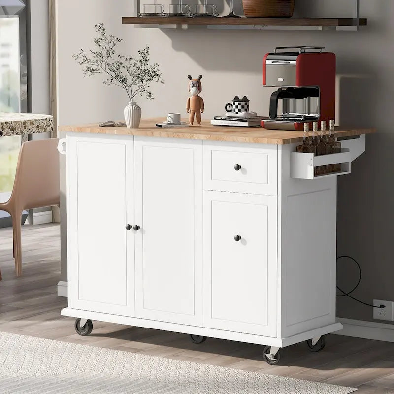 Kitchen Island with Drop Leaf, Rolling Cart on Wheels with Storage Rack and 3 Tier Pull Out Cabinet Organizer with Spice Rack