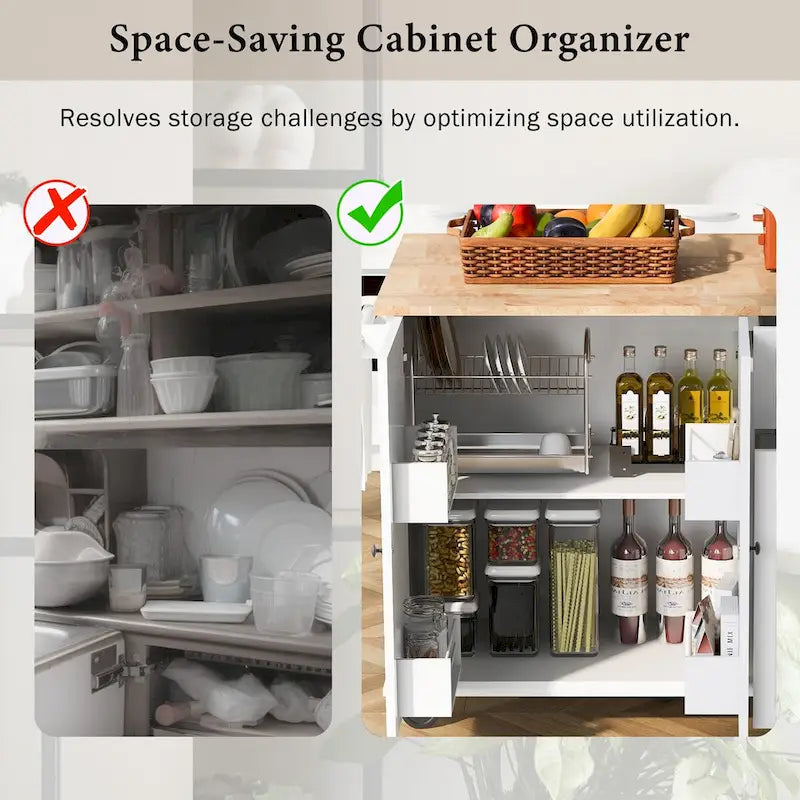 Kitchen Island with Drop Leaf, Rolling Cart on Wheels with Storage Rack and 3 Tier Pull Out Cabinet Organizer with Spice Rack