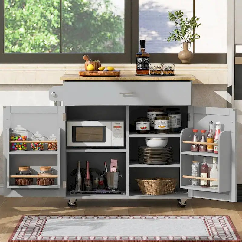 Kitchen Island with Rubber Wood Top, Spacious Drawer, Internal Storage Rack, Wheels