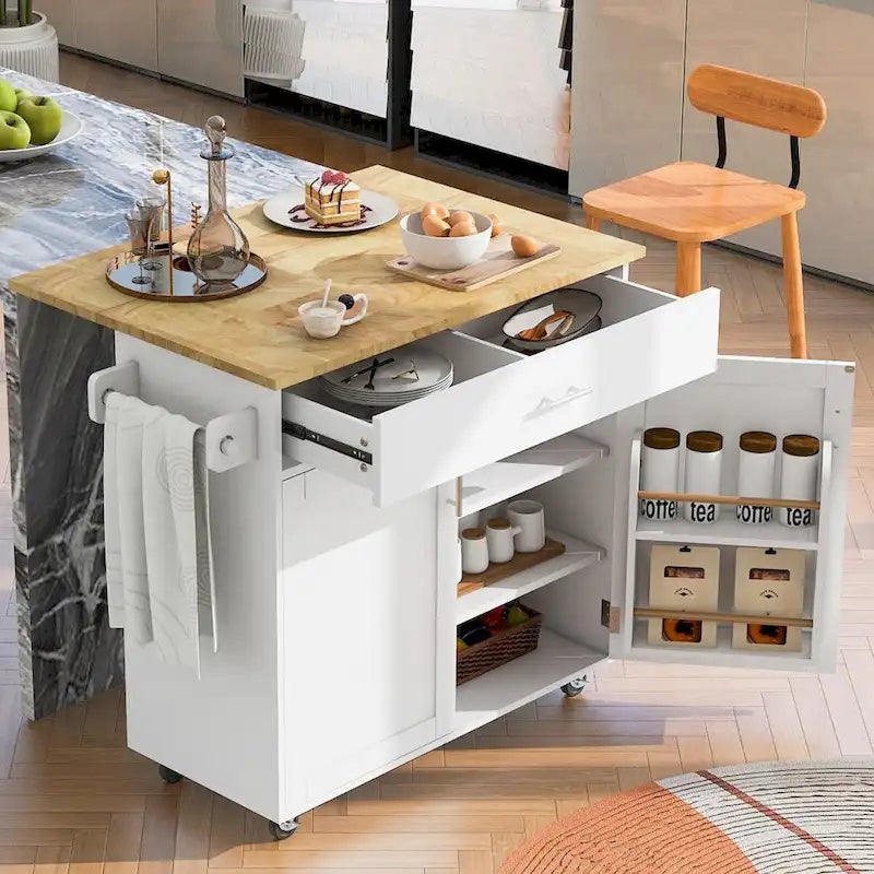 Kitchen Island with Rubber Wood Top, Spacious Drawer, Internal Storage Rack, Wheels