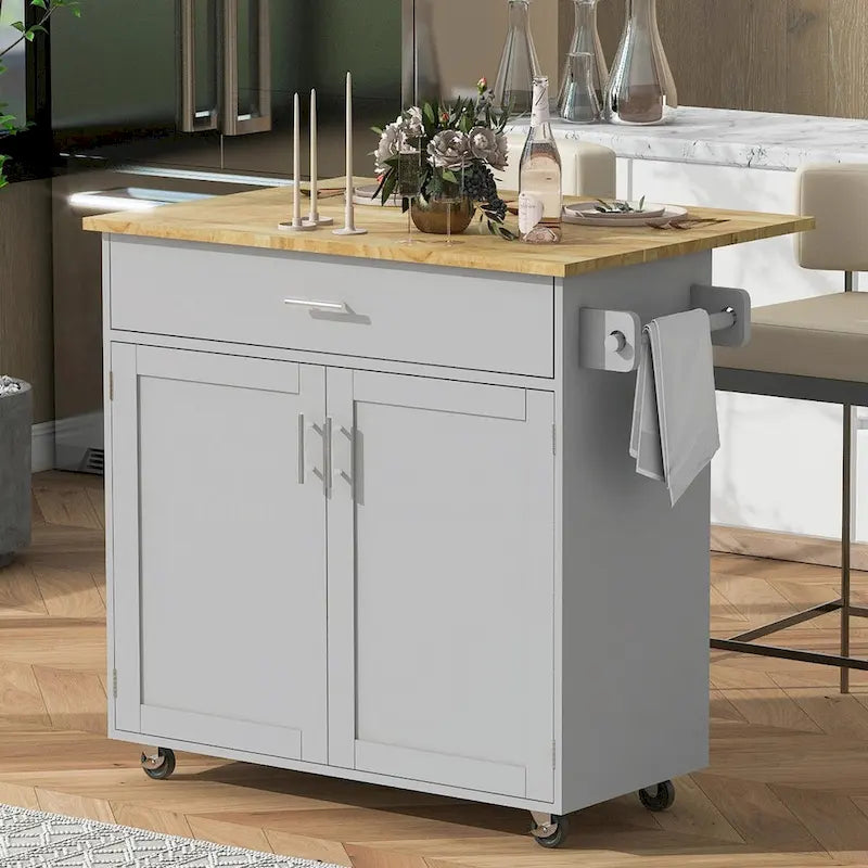 Kitchen Island with Rubber Wood Top, Spacious Drawer, Internal Storage Rack, Wheels