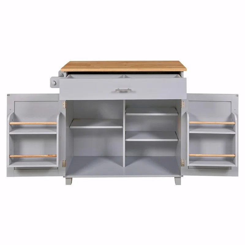 Kitchen Island with Rubber Wood Top, Spacious Drawer, Internal Storage Rack, Wheels