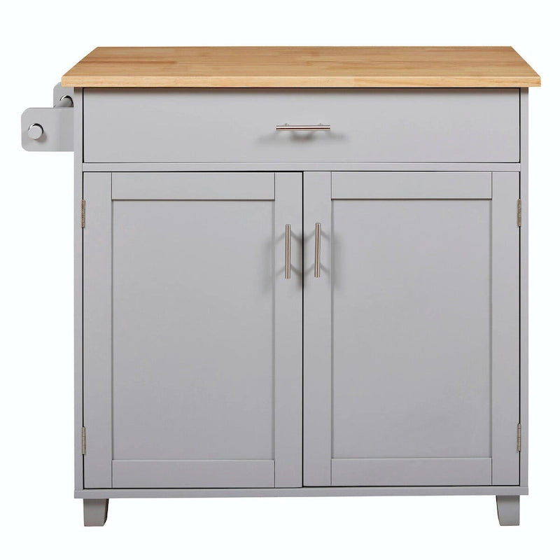 Kitchen Island with Rubber Wood Top, Spacious Drawer, Internal Storage Rack, Wheels