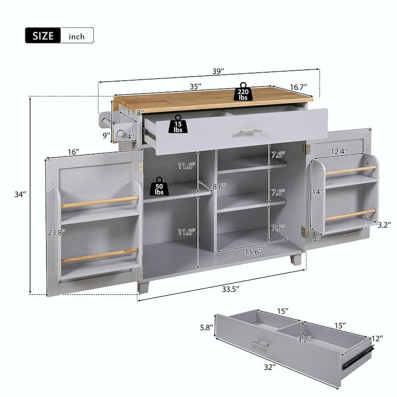 Kitchen Island with Rubber Wood Top, Spacious Drawer, Internal Storage Rack, Wheels