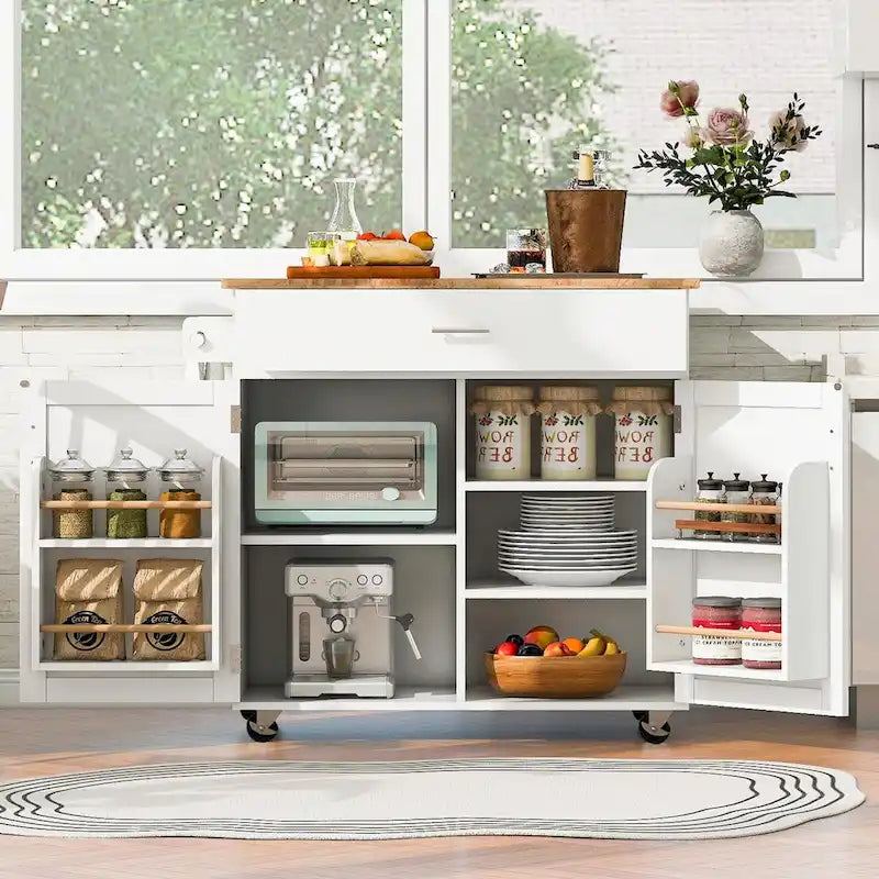 Kitchen Island with Rubber Wood Top, Spacious Drawer, Internal Storage Rack, Wheels