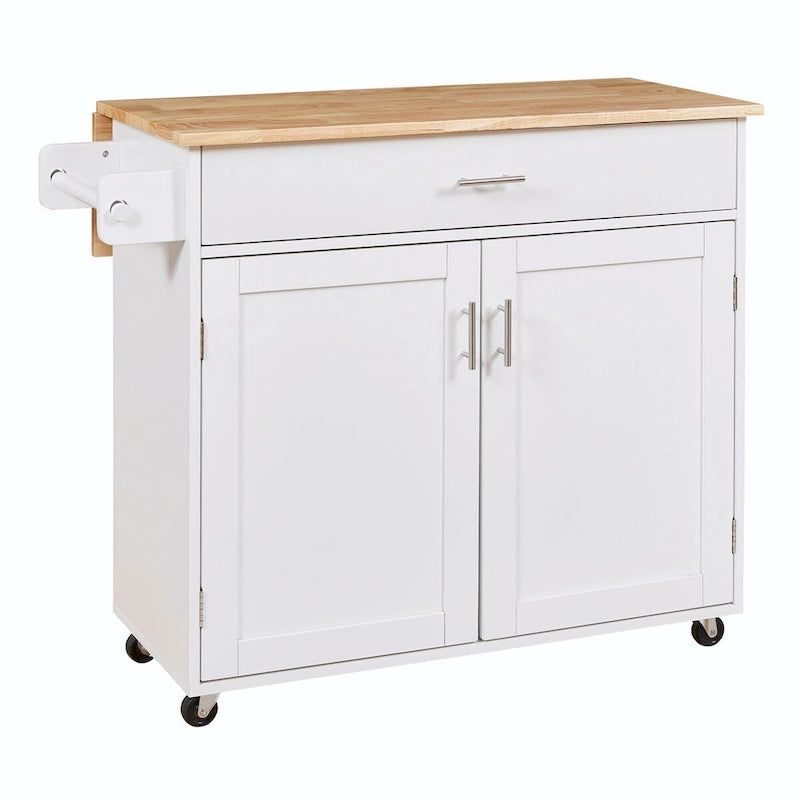Kitchen Island with Rubber Wood Top, Spacious Drawer, Internal Storage Rack, Wheels