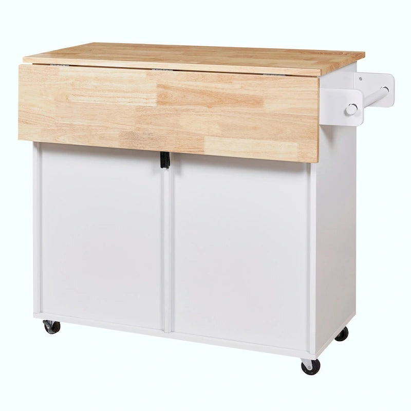 Kitchen Island with Rubber Wood Top, Spacious Drawer, Internal Storage Rack, Wheels