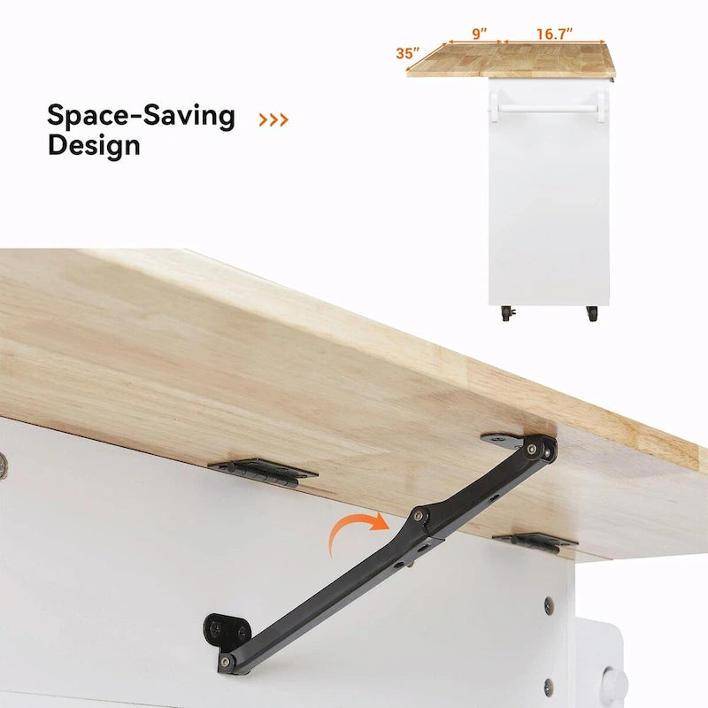 Kitchen Island with Rubber Wood Top, Spacious Drawer, Internal Storage Rack, Wheels