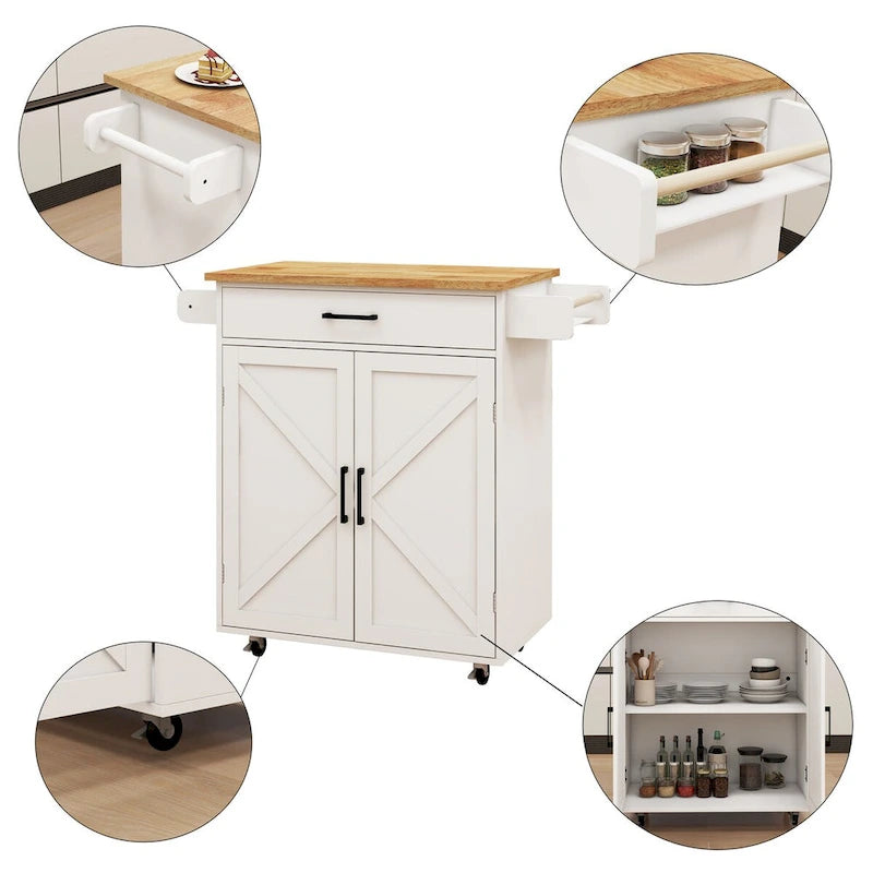 White Rubber Wood Kitchen Cart with Adjustable Shelves, Towel Rack