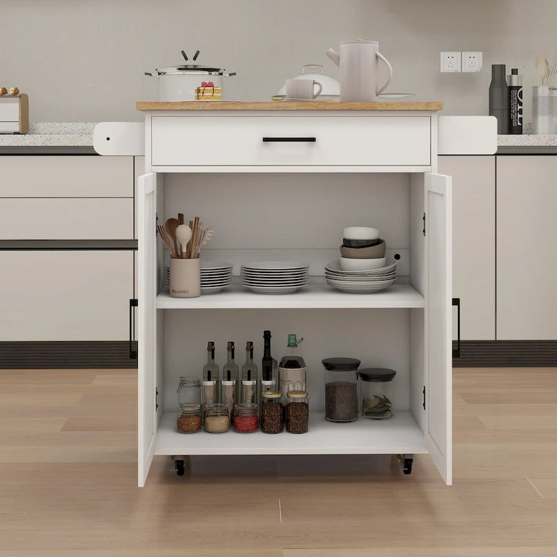 White Rubber Wood Kitchen Cart with Adjustable Shelves, Towel Rack