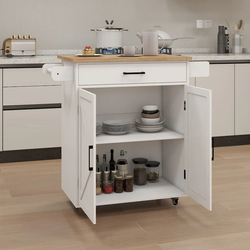 White Rubber Wood Kitchen Cart with Adjustable Shelves, Towel Rack