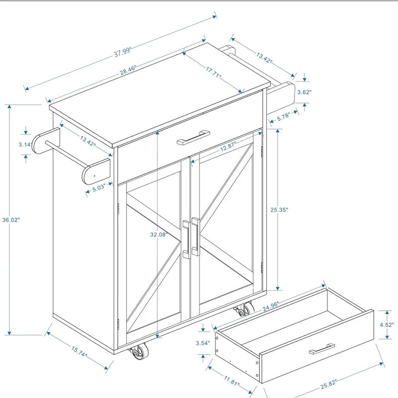 White Rubber Wood Kitchen Cart with Adjustable Shelves, Towel Rack