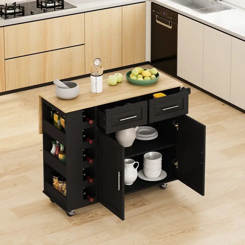 Grondin Multi-Functional Kitchen Island Cart with Solid Wood Drop Leaf, 2 Doors, 2 Drawers,Wine Rack and Spice Rack