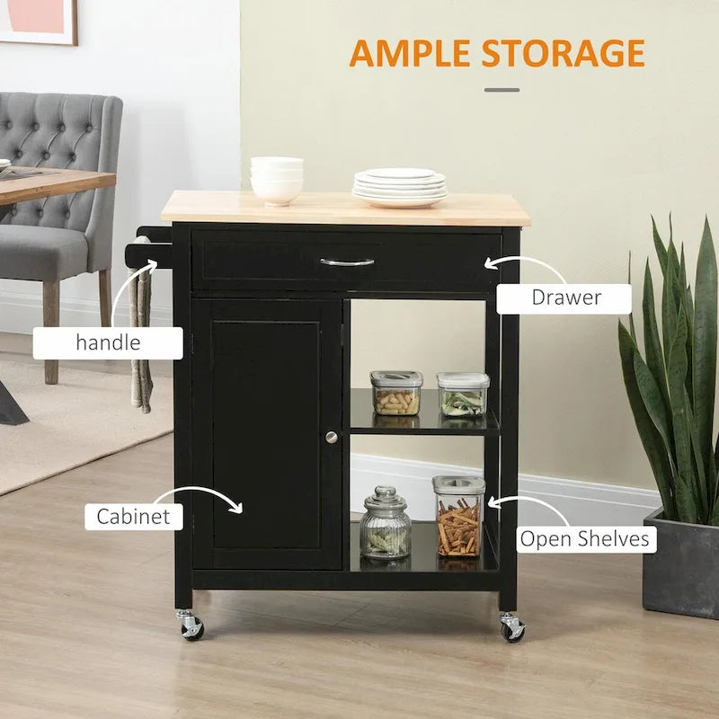 Rolling Kitchen Island Cart with Solid Wood Top and Drawer