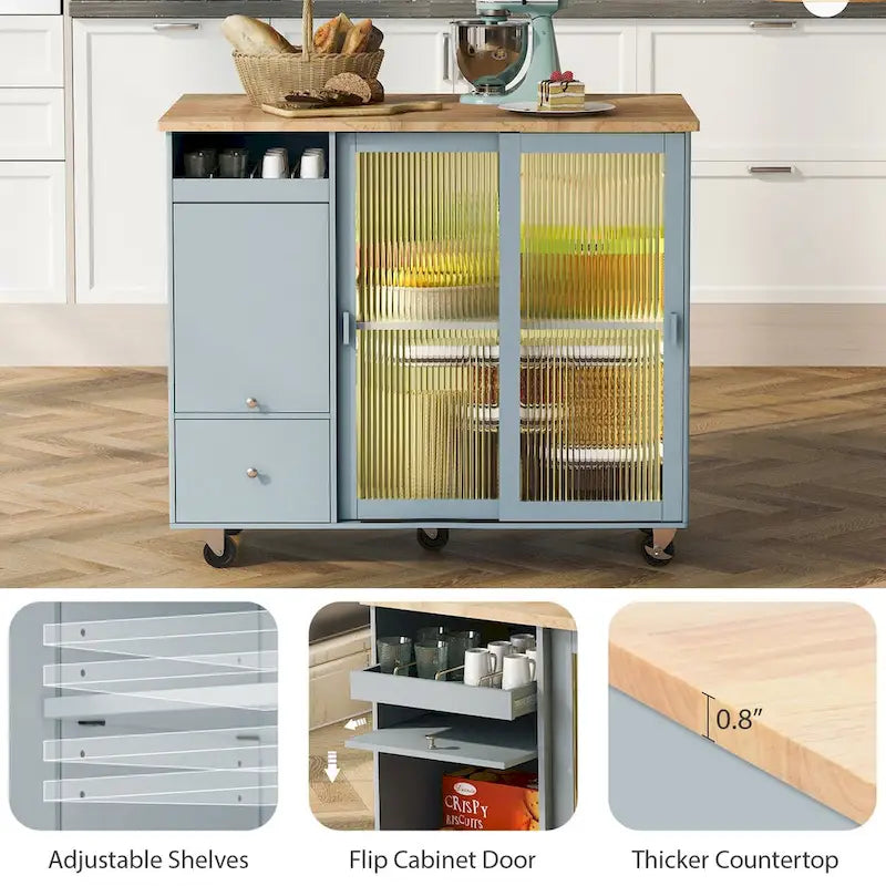 Kitchen Island with Drop Leaf,Light Cart on Wheels with 2 Glass and 1 Flip Cabinet Door,Island Cart with an Shelf and 2 Drawers