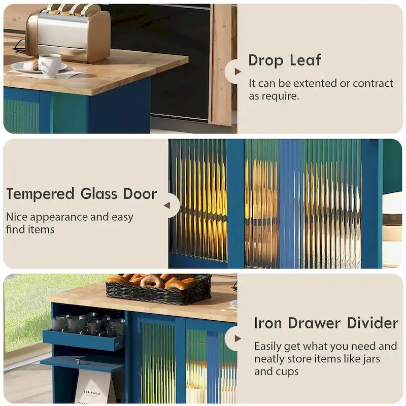 Kitchen Island with Drop Leaf,Light Cart on Wheels with 2 Glass and 1 Flip Cabinet Door,Island Cart with an Shelf and 2 Drawers
