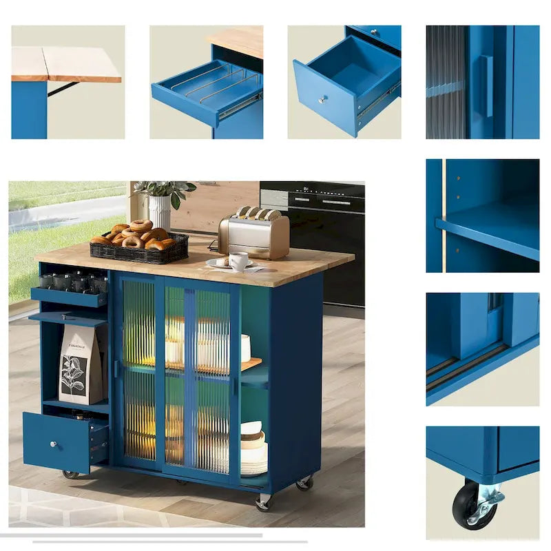 Kitchen Island with Drop Leaf,Light Cart on Wheels with 2 Glass and 1 Flip Cabinet Door,Island Cart with an Shelf and 2 Drawers