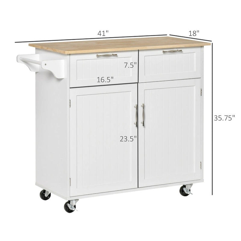 41 Modern Rolling Kitchen Island on Wheels with Rubberwood Top