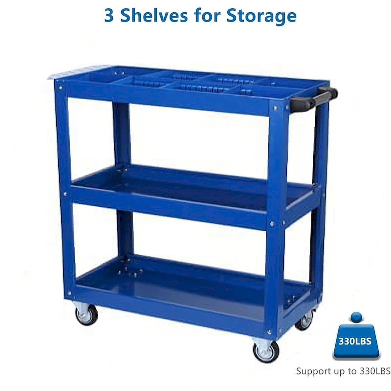 3 Tier Tool Cart on Wheels, 450 LBS Heavy Duty Steel Utility Cart w/Lockable Wheels for kitchen,Garage, Warehouse