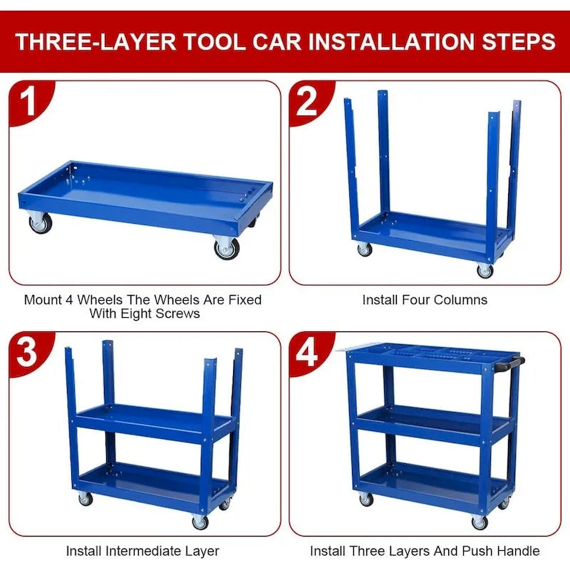 3 Tier Tool Cart on Wheels, 450 LBS Heavy Duty Steel Utility Cart w/Lockable Wheels for kitchen,Garage, Warehouse