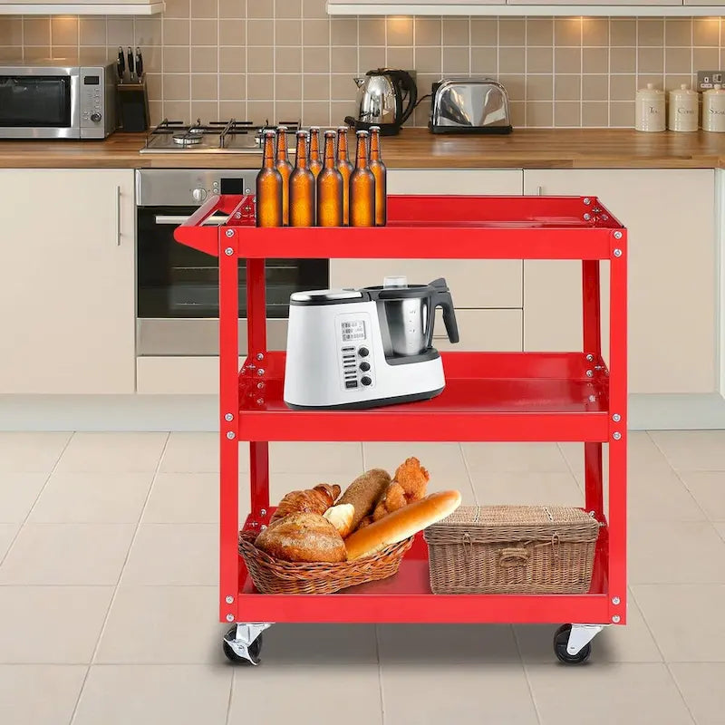 3 Tier Tool Cart on Wheels, 450 LBS Heavy Duty Steel Utility Cart w/Lockable Wheels for kitchen,Garage, Warehouse
