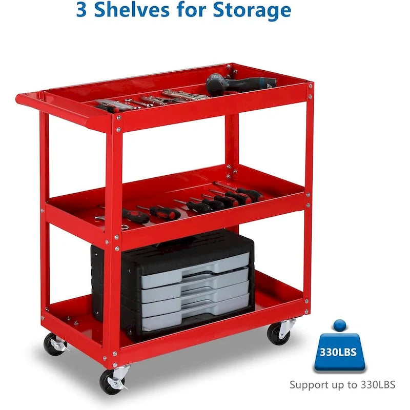 3 Tier Tool Cart on Wheels, 450 LBS Heavy Duty Steel Utility Cart w/Lockable Wheels for kitchen,Garage, Warehouse