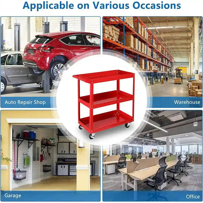 3 Tier Tool Cart on Wheels, 450 LBS Heavy Duty Steel Utility Cart w/Lockable Wheels for kitchen,Garage, Warehouse