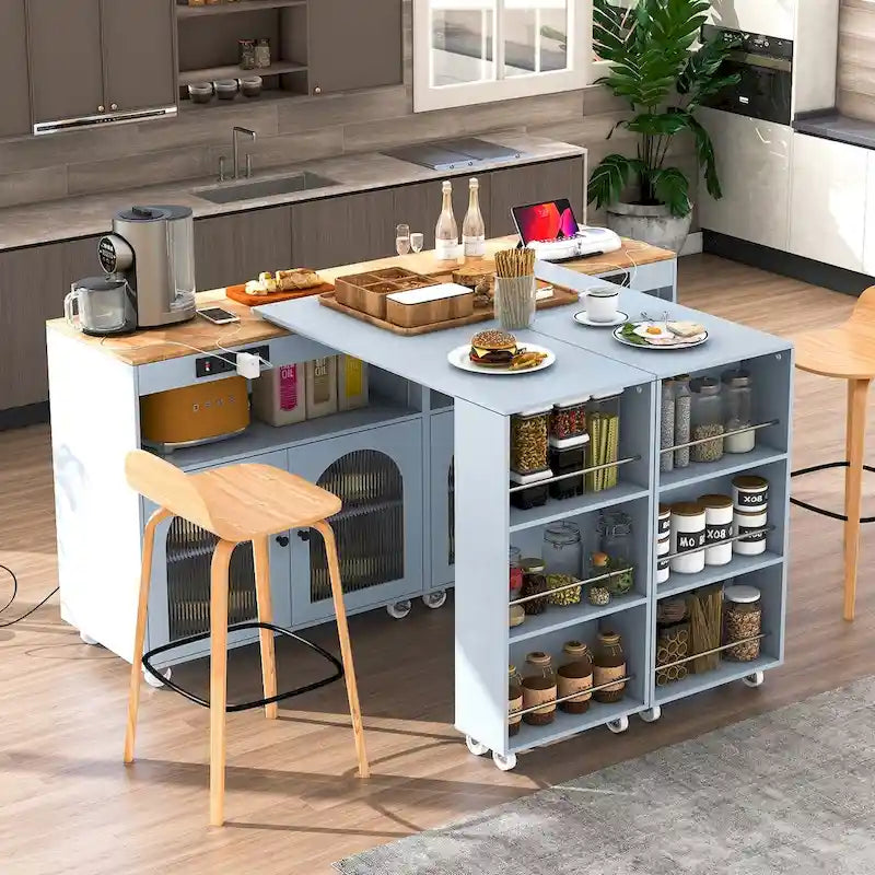 33 in. W Kitchen Island Rubberwood Top on 8 Wheels With Extended Table, LED Lights, Power Outlets