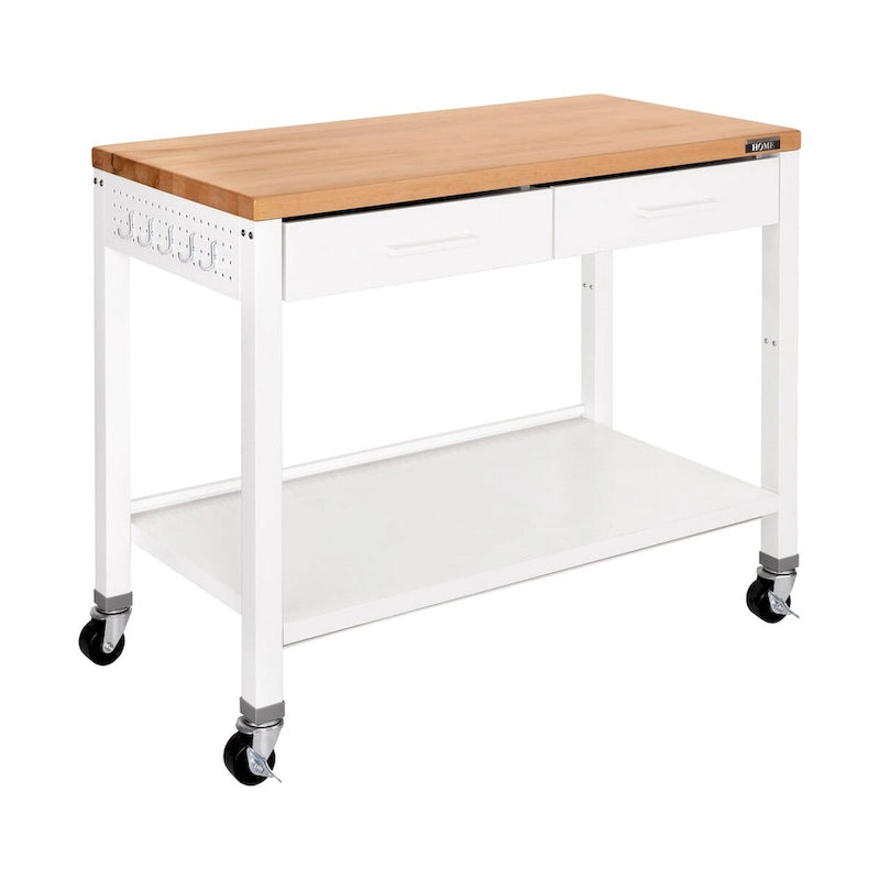 Seville Classics HOME Work Center Island Table with Solid Wood Top, 48 W x 24 D x 36 H, White