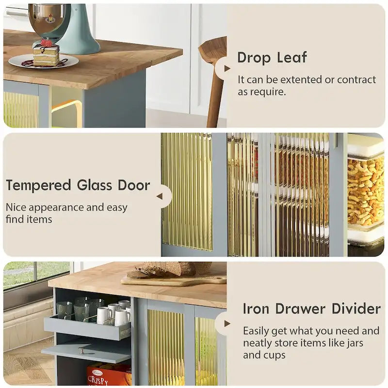 Kitchen Island with Drop Leaf, LED Light