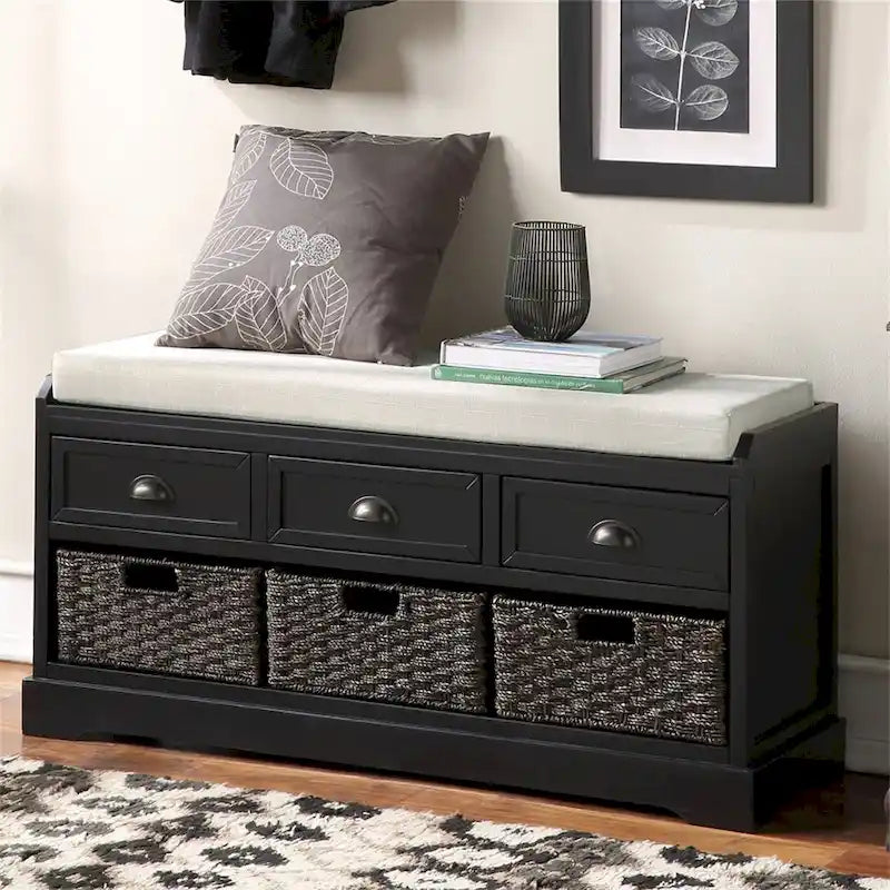 Wood Storage Bench with 3 Drawers and 3 Baskets