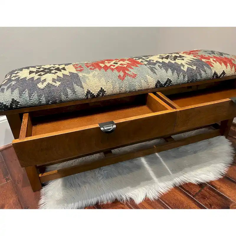 HERAT ORIENTAL Handmade Kilim Upholstered Bench with Drawers - 14 x 19 x 47