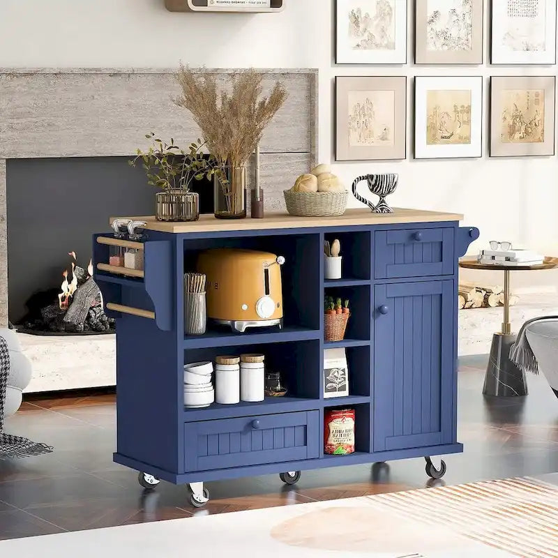 50.80 W Versatile Solid Wood Countertop Kitchen Island with Storage and Two Locking Wheels